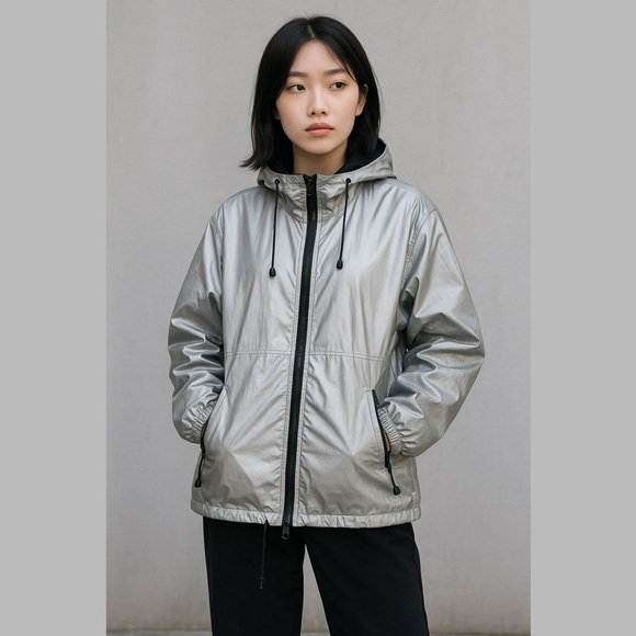 Reversible Reflective Silver Windbreaker Jacket S Packable‎ 90s Retro Streetwear - Picture 1 of 16